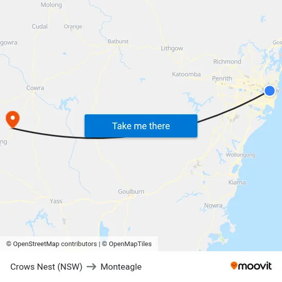 Crows Nest (NSW) to Monteagle map