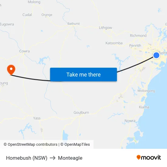 Homebush (NSW) to Monteagle map