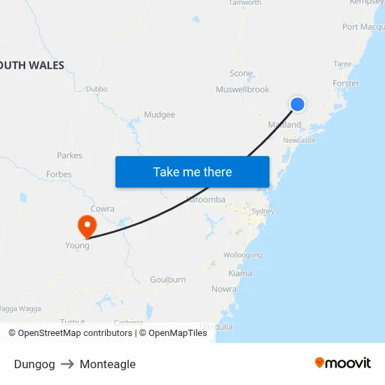 Dungog to Monteagle map