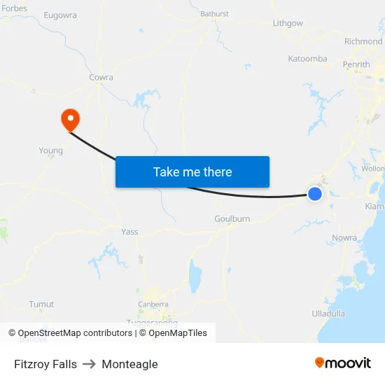 Fitzroy Falls to Monteagle map