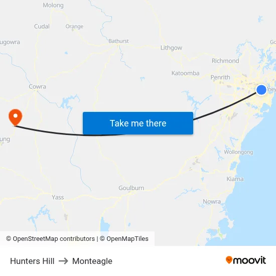 Hunters Hill to Monteagle map