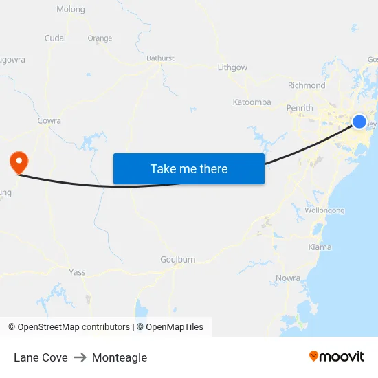 Lane Cove to Monteagle map