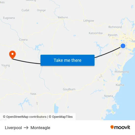 Liverpool to Monteagle map