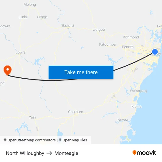 North Willoughby to Monteagle map