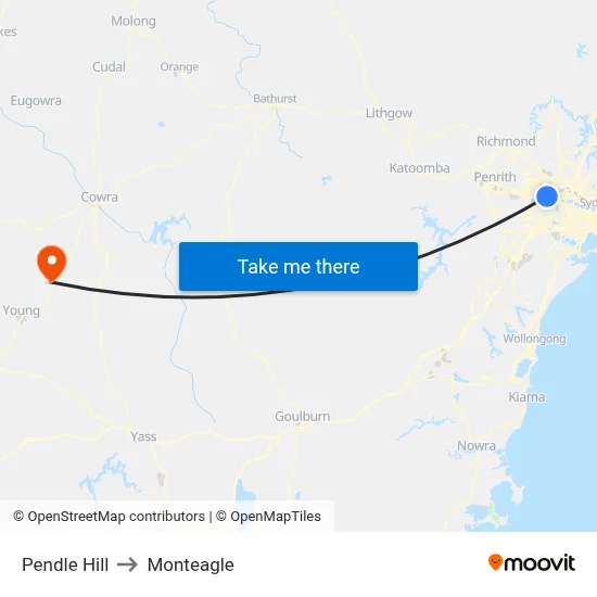 Pendle Hill to Monteagle map