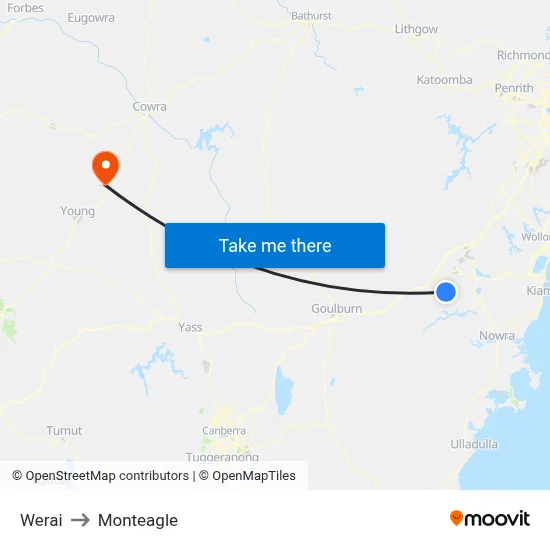 Werai to Monteagle map