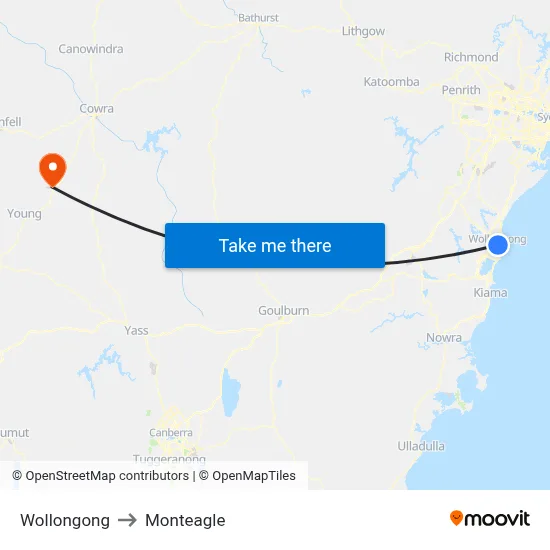 Wollongong to Monteagle map