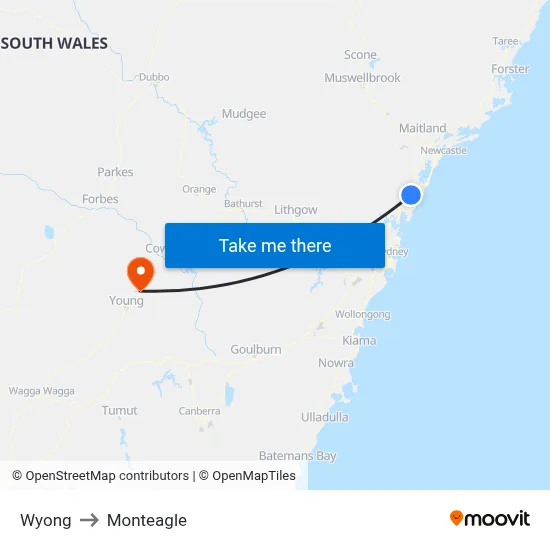 Wyong to Monteagle map