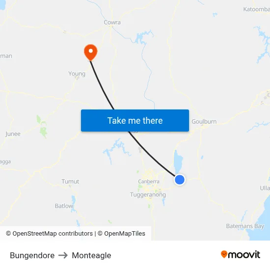Bungendore to Monteagle map