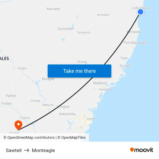 Sawtell to Monteagle map