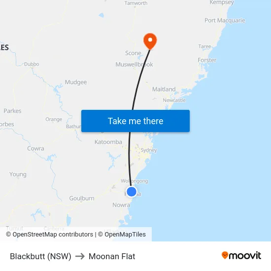 Blackbutt (NSW) to Moonan Flat map