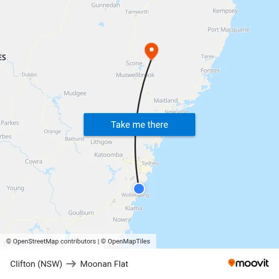 Clifton (NSW) to Moonan Flat map