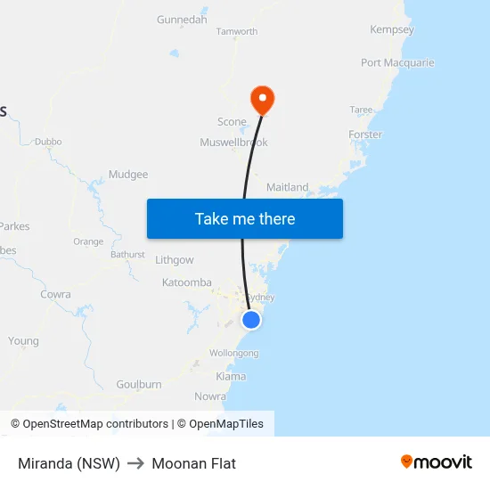 Miranda (NSW) to Moonan Flat map