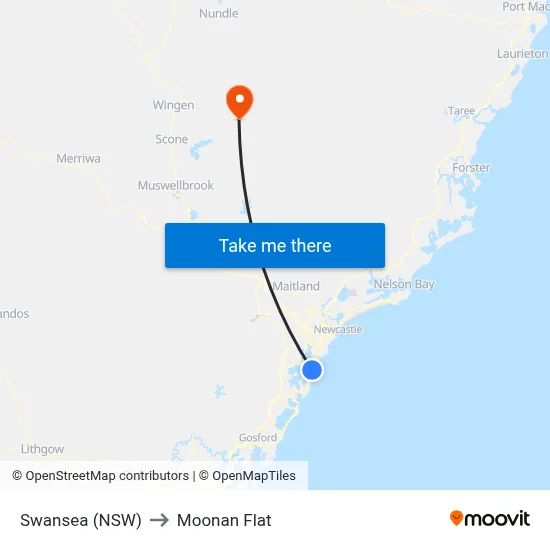 Swansea (NSW) to Moonan Flat map