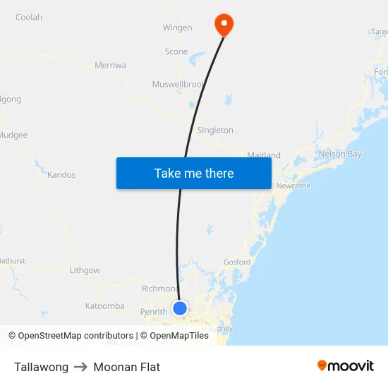 Tallawong to Moonan Flat map