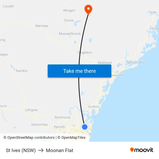 St Ives (NSW) to Moonan Flat map