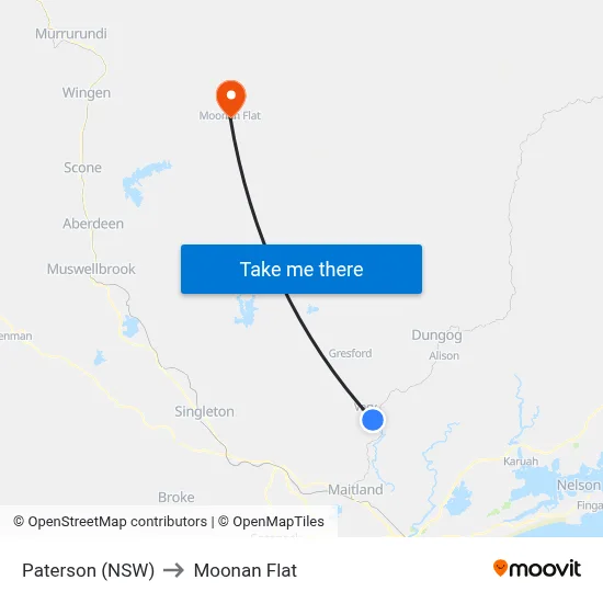 Paterson (NSW) to Moonan Flat map