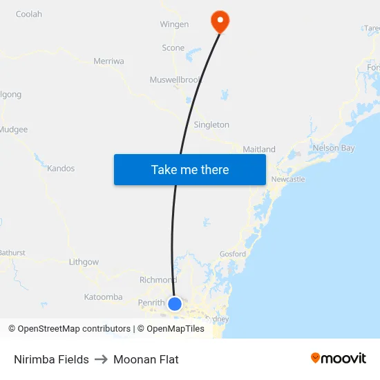 Nirimba Fields to Moonan Flat map