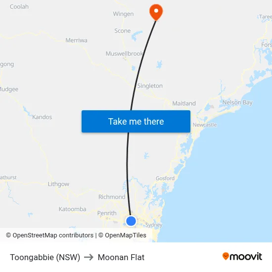 Toongabbie (NSW) to Moonan Flat map