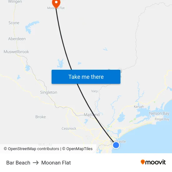 Bar Beach to Moonan Flat map