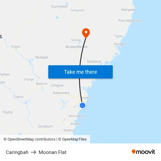 Caringbah to Moonan Flat map