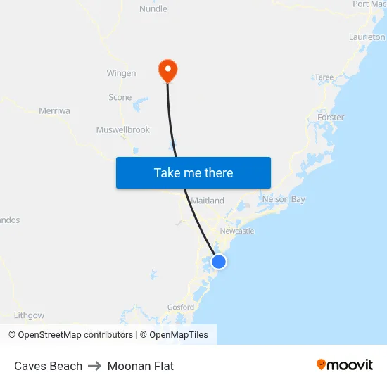 Caves Beach to Moonan Flat map