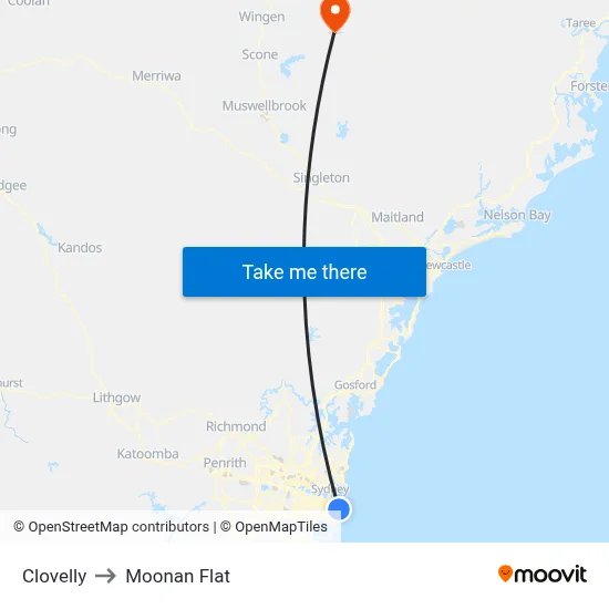 Clovelly to Moonan Flat map