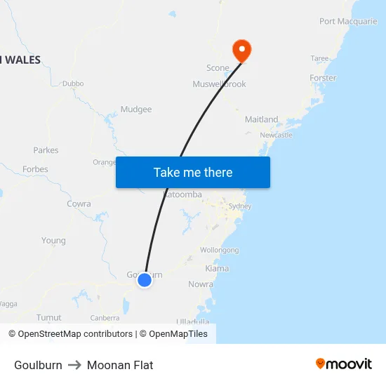 Goulburn to Moonan Flat map