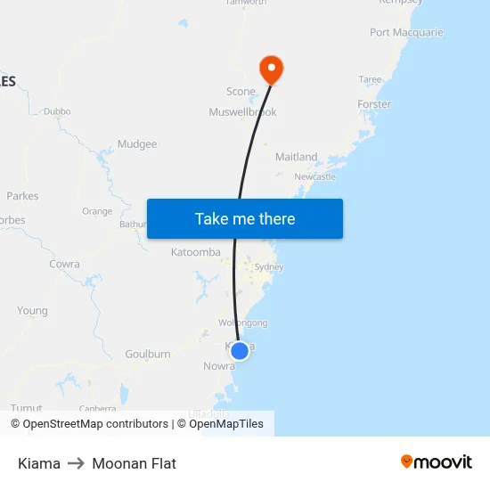 Kiama to Moonan Flat map