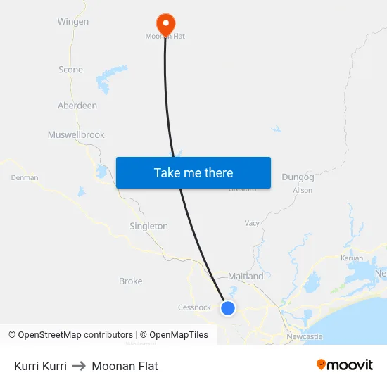 Kurri Kurri to Moonan Flat map