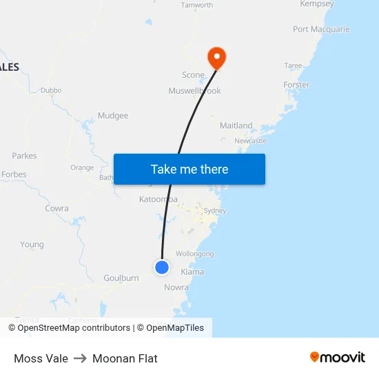 Moss Vale to Moonan Flat map