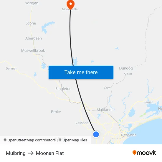 Mulbring to Moonan Flat map