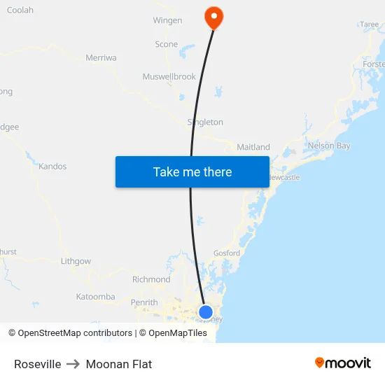 Roseville to Moonan Flat map