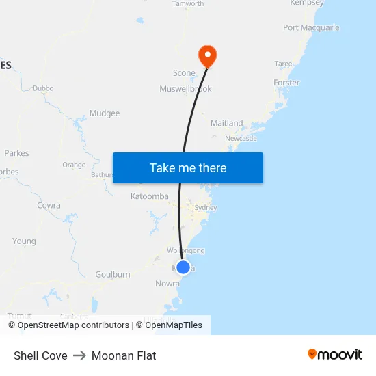 Shell Cove to Moonan Flat map