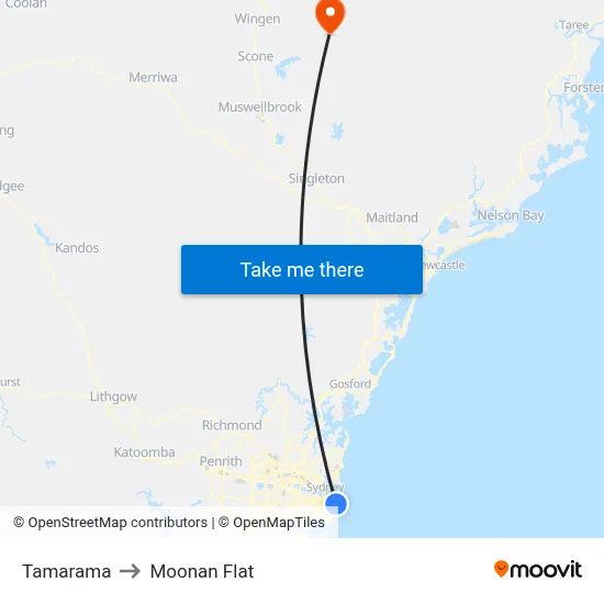 Tamarama to Moonan Flat map