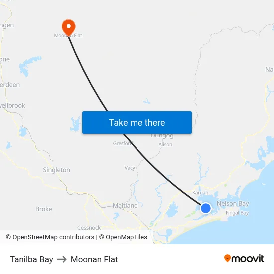 Tanilba Bay to Moonan Flat map