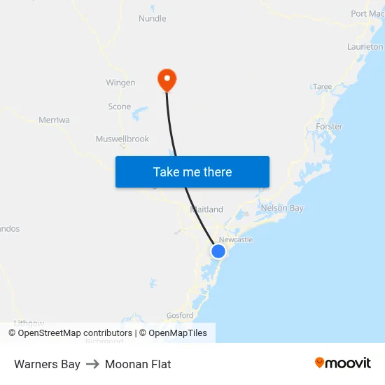 Warners Bay to Moonan Flat map