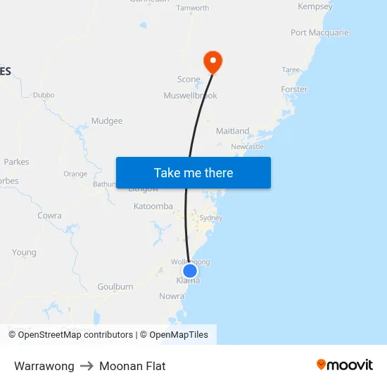Warrawong to Moonan Flat map