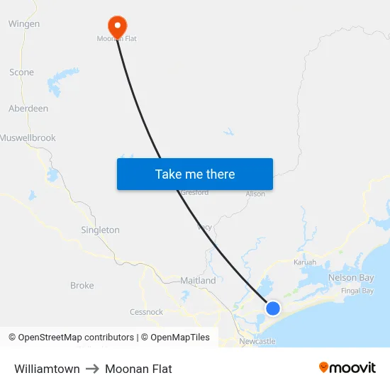 Williamtown to Moonan Flat map