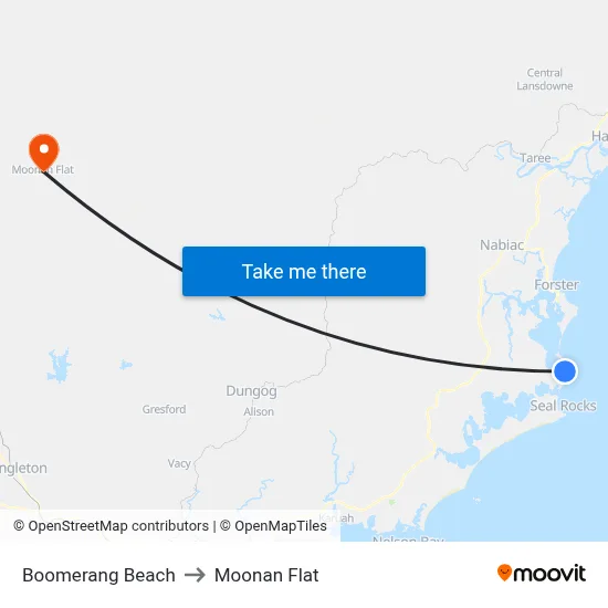 Boomerang Beach to Moonan Flat map