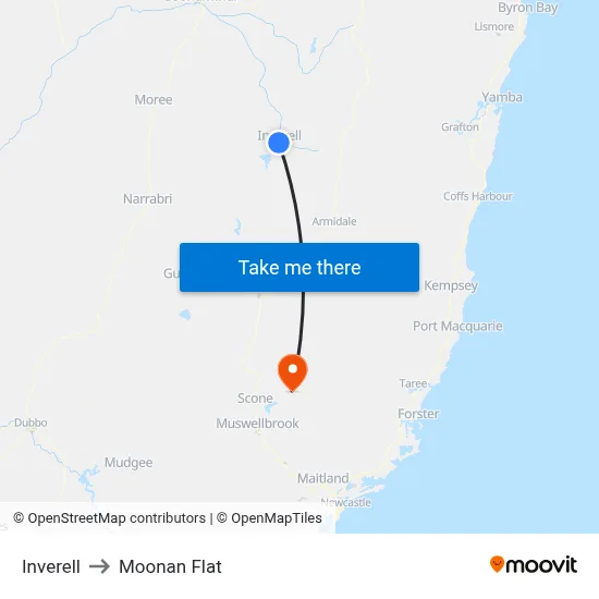 Inverell to Moonan Flat map