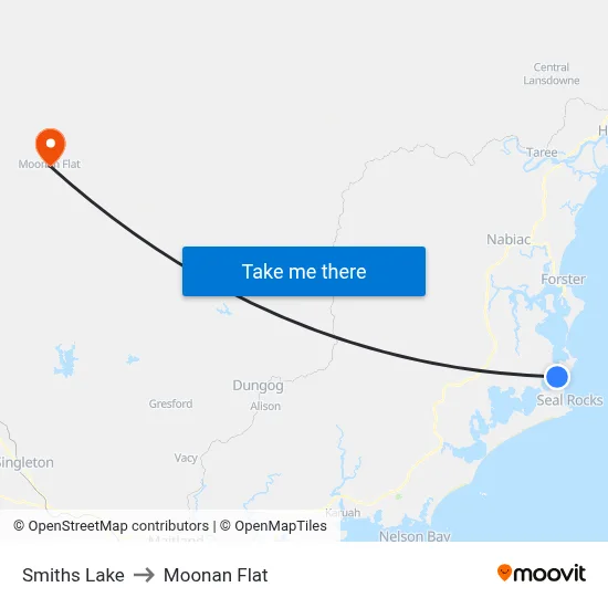Smiths Lake to Moonan Flat map