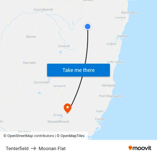 Tenterfield to Moonan Flat map