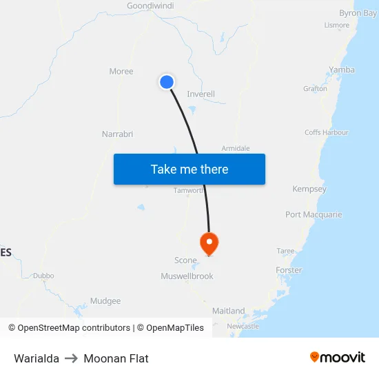 Warialda to Moonan Flat map
