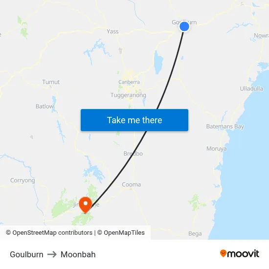 Goulburn to Moonbah map