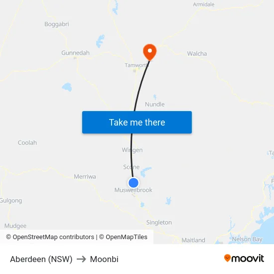 Aberdeen (NSW) to Moonbi map