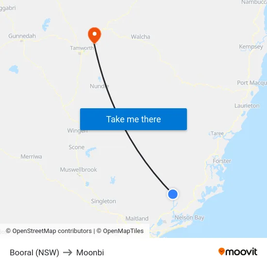 Booral (NSW) to Moonbi map