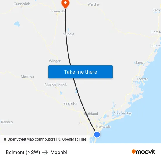 Belmont (NSW) to Moonbi map