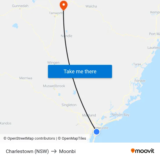 Charlestown (NSW) to Moonbi map