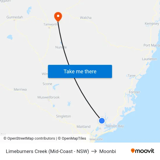 Limeburners Creek (Mid-Coast - NSW) to Moonbi map